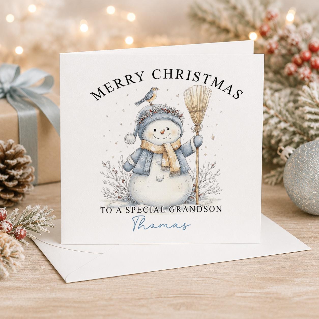Personalised snowman Christmas card, white 6x6 inch square card printed with a snowman in a blue scarf holding a broom with a name