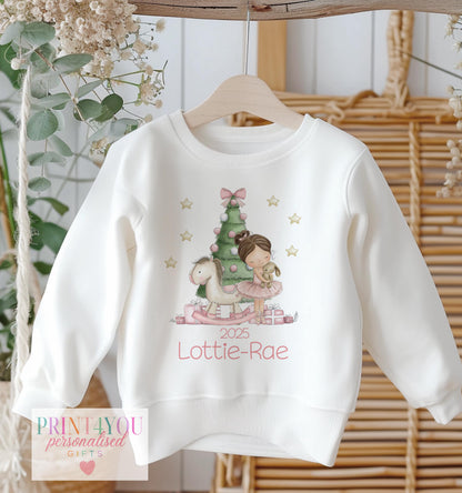 Personalised Christmas ballerina jumper for girls in soft pastel print design 1, shown in 6-12 months size
