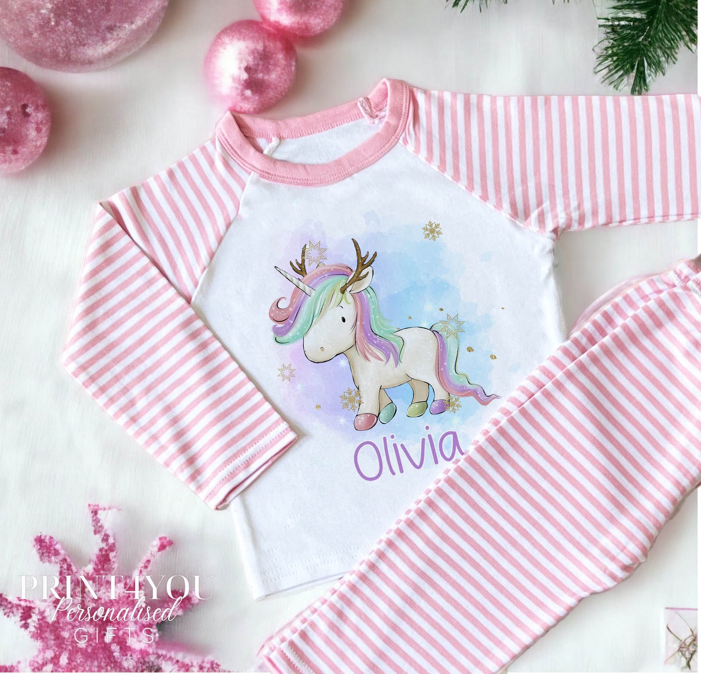 Personalised Pink & White Striped Children's Christmas Pyjamas – Unicorn Reindeer - 6-12 months
