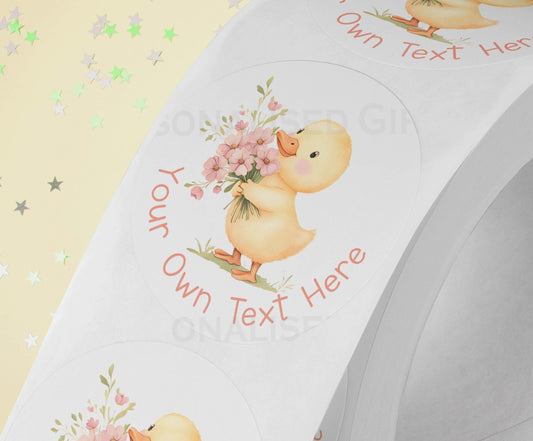 Personalised yellow duck stickers printed on strips of three, 5cm smudgeproof high gloss finish