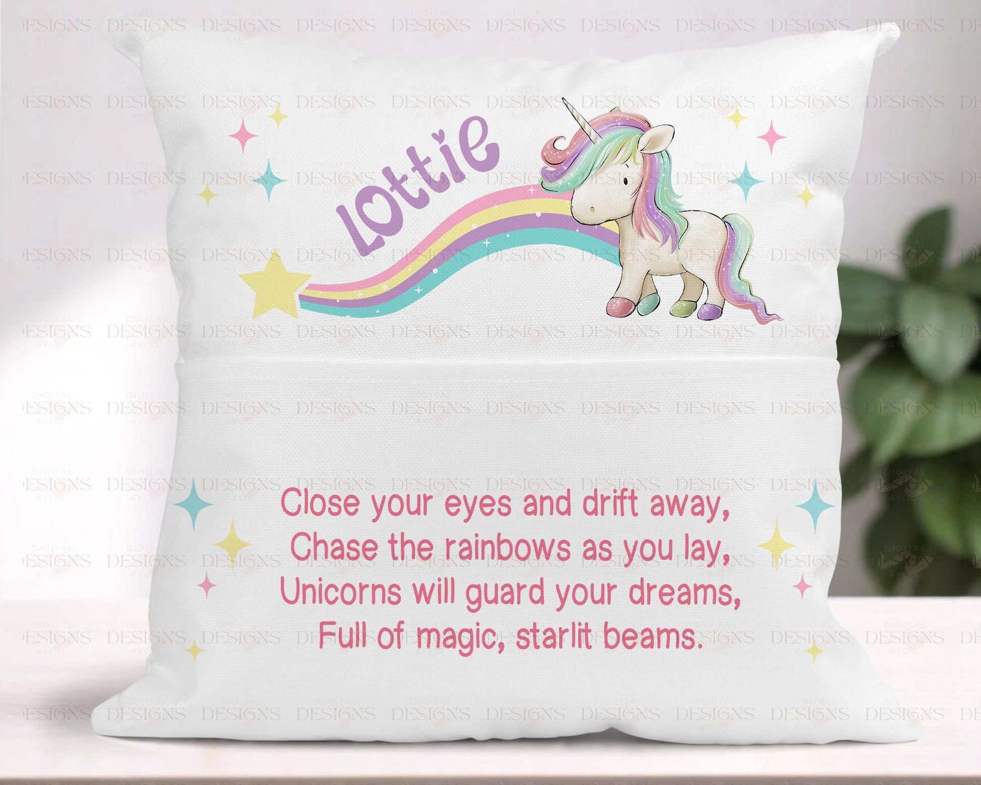 Personalised Unicorn Book Cushion Cover with Pocket for Kids Bedtime - Cover and Insert
