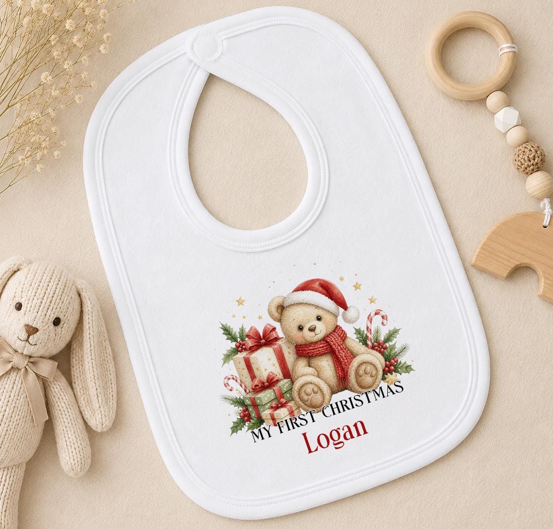 Personalised Baby Christmas Outfit 2026 Teddy Sleepsuit, Bib Gift