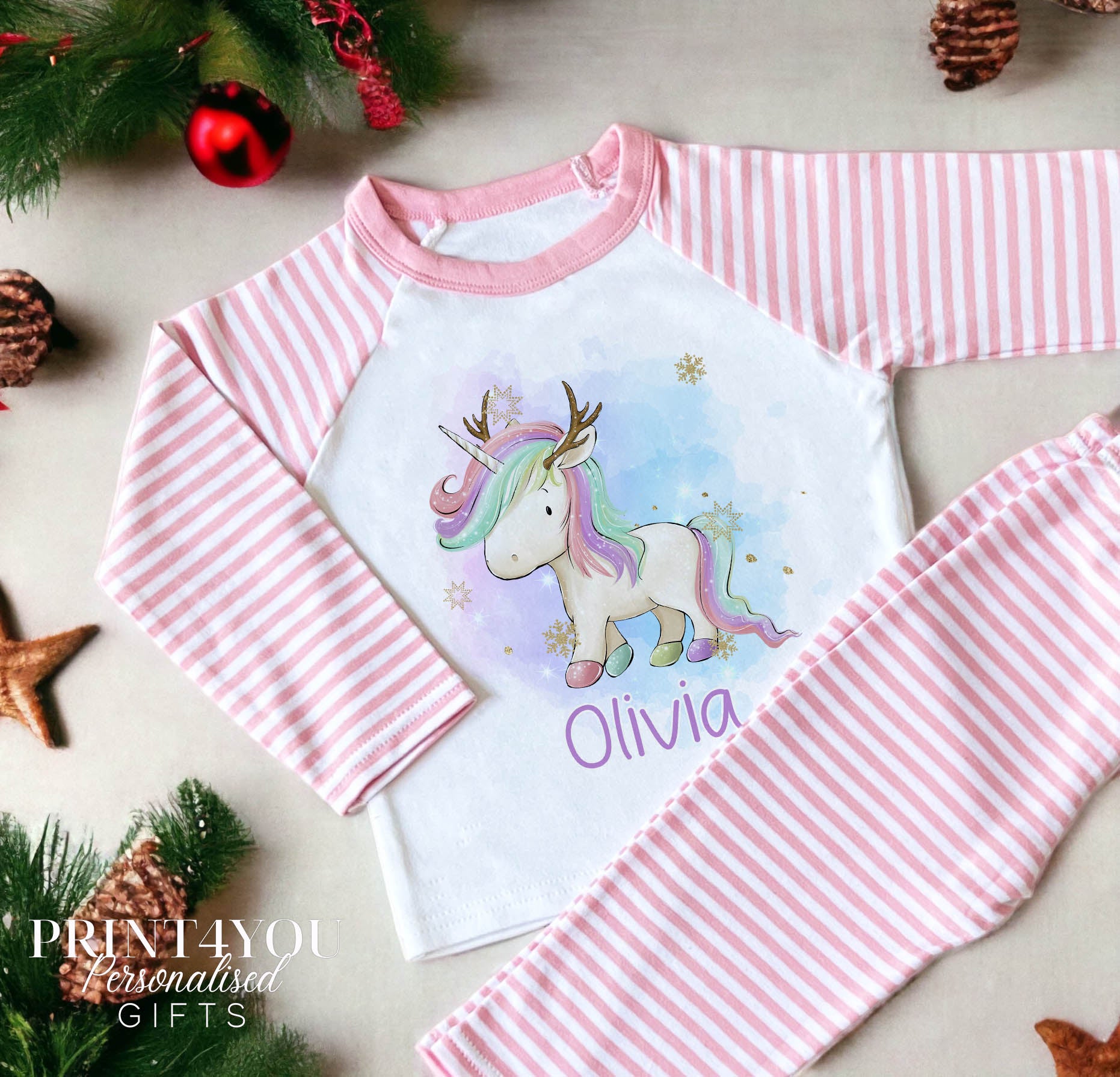 Personalised Pink & White Striped Children's Christmas Pyjamas – Unicorn Reindeer - 1-2yrs