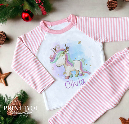 Personalised Pink & White Striped Children's Christmas Pyjamas – Unicorn Reindeer - 1-2yrs