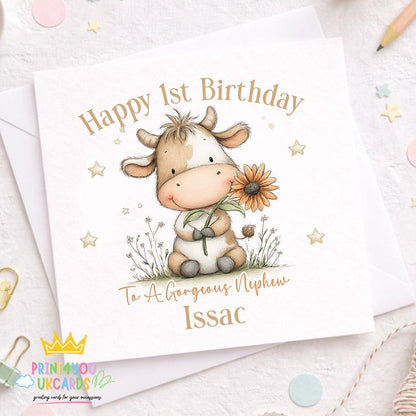 Personalised cow birthday card with floral calf farm animal design