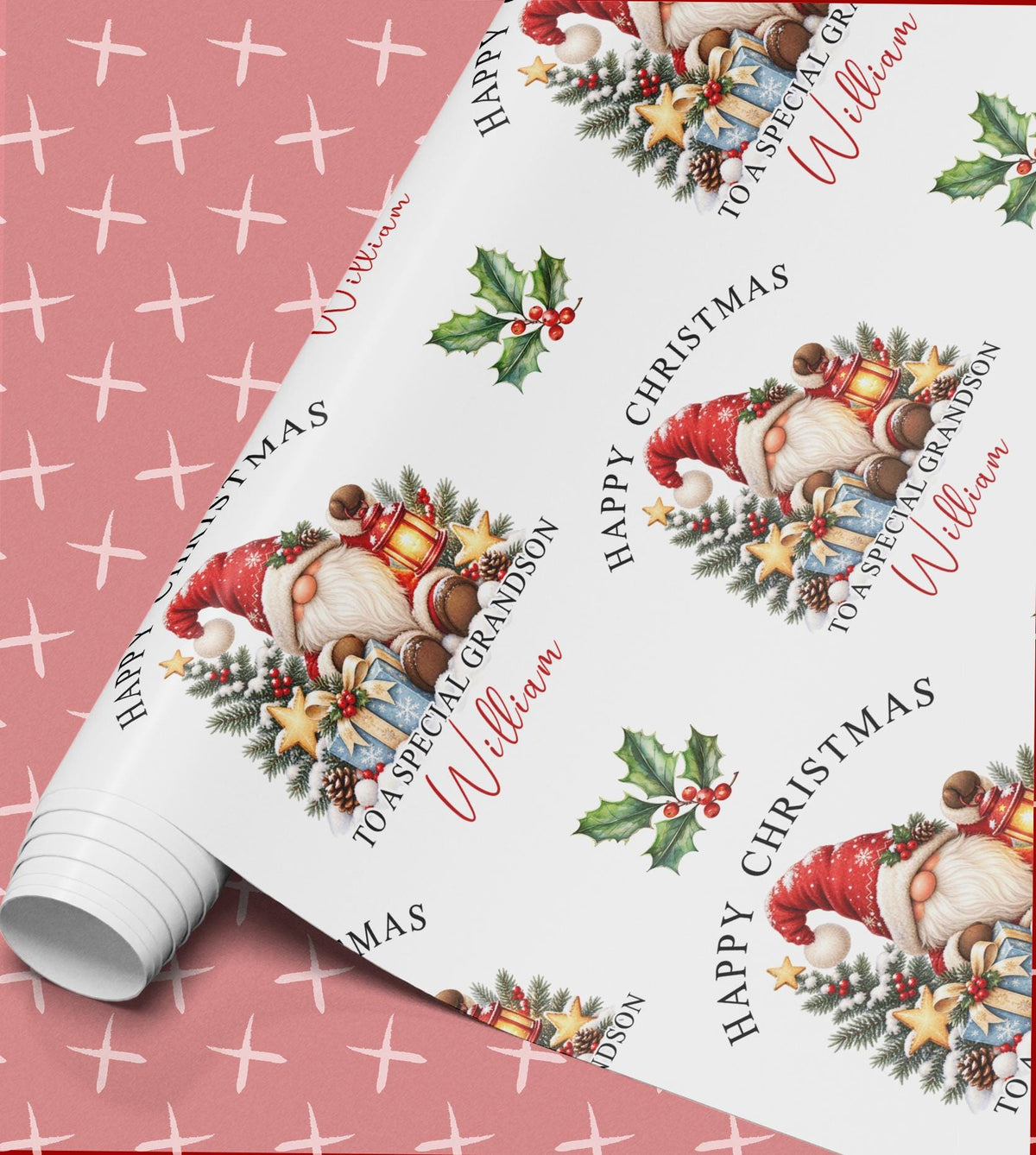 Rolled sheet of personalised gnome Christmas wrapping paper printed with a name and relation