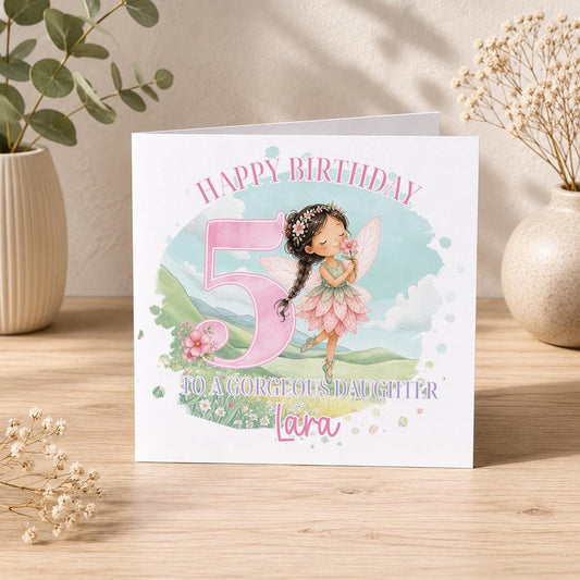 Square personalised fairy birthday card featuring a pink fairy design with dark hair, ready for a personalised name and age.