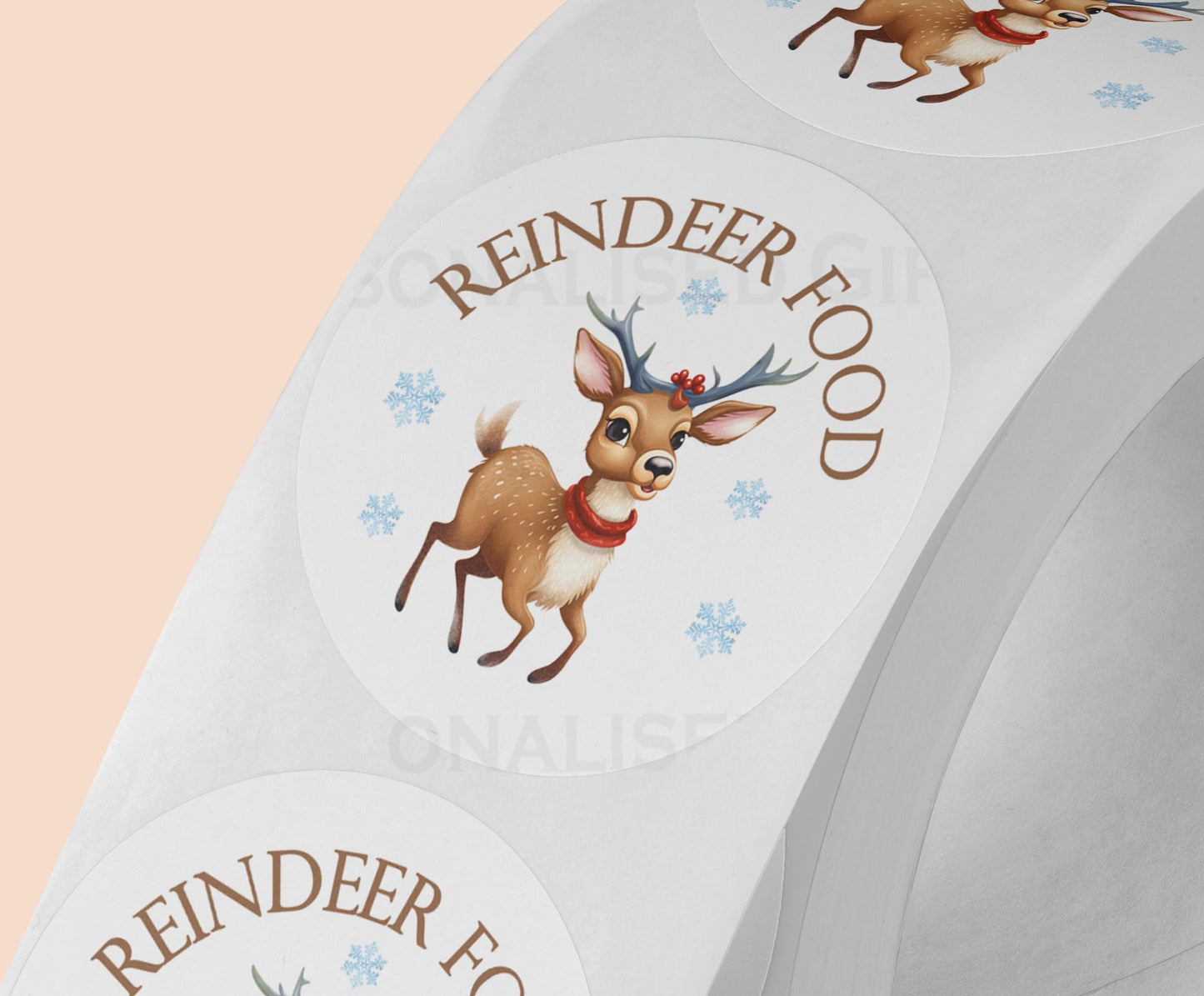 Personalised reindeer food Christmas sticker on a strip – glossy white 5cm round gift label printed with a custom name