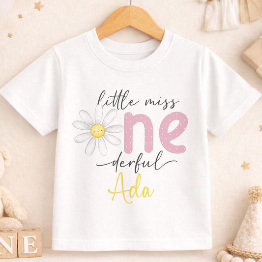 Personalised one-derful first birthday t-shirt with a floral print, printed on soft white cotton with space for your baby's name.