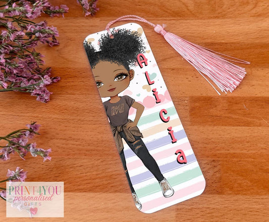 Personalised aluminium character bookmark with tassel featuring the Girl 1 illustrated design and custom name