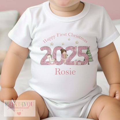 Personalised Pink Glitter Christmas Baby Sleepsuit – 2025 Ballerina Design Gift Set, Custom Name