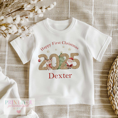 Personalised Santa & Reindeer Christmas Baby Vest – 2025 Glitter Design Gift Set, Custom Name