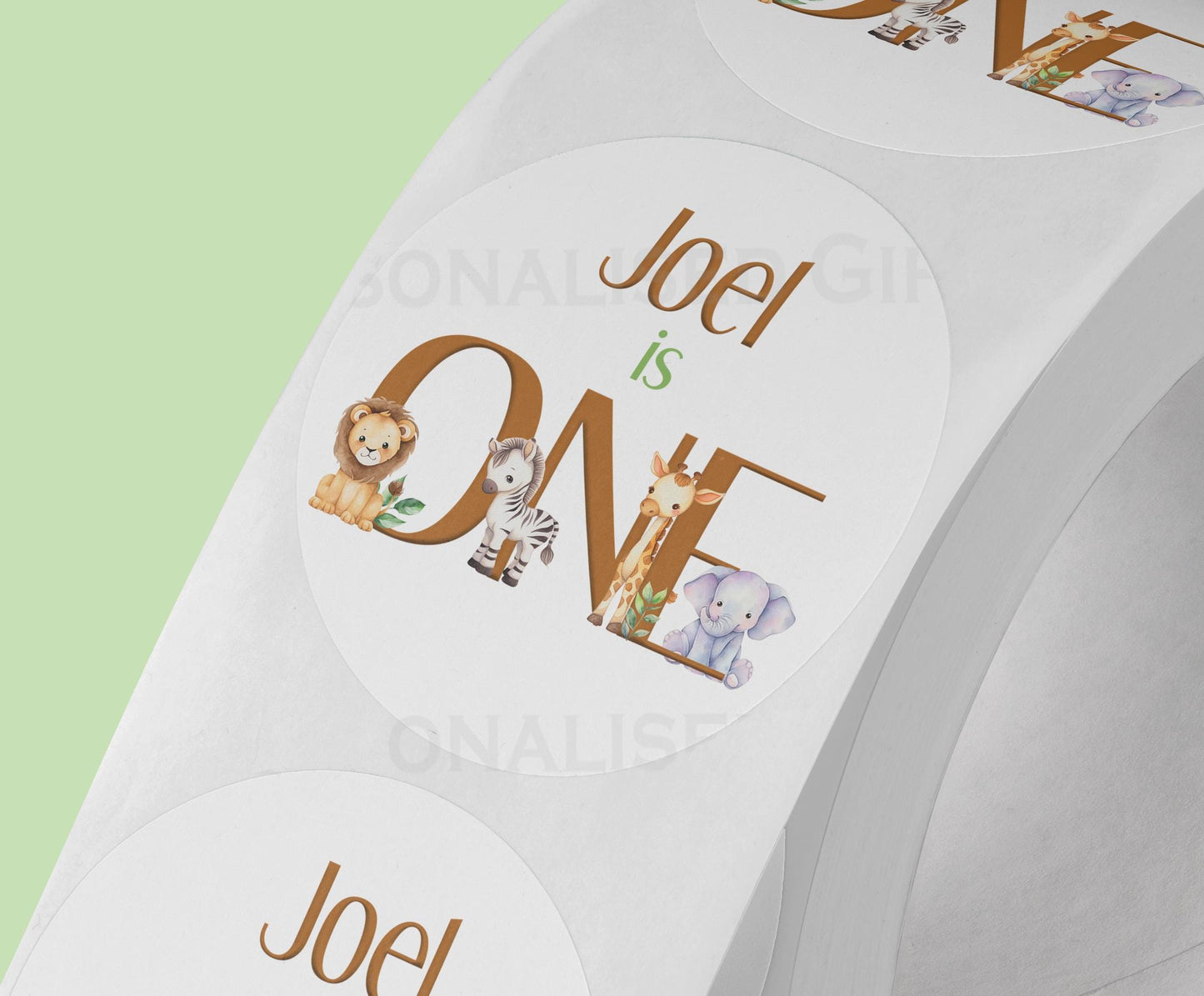 Personalised jungle safari stickers with lion and elephant design, 5cm gloss strips