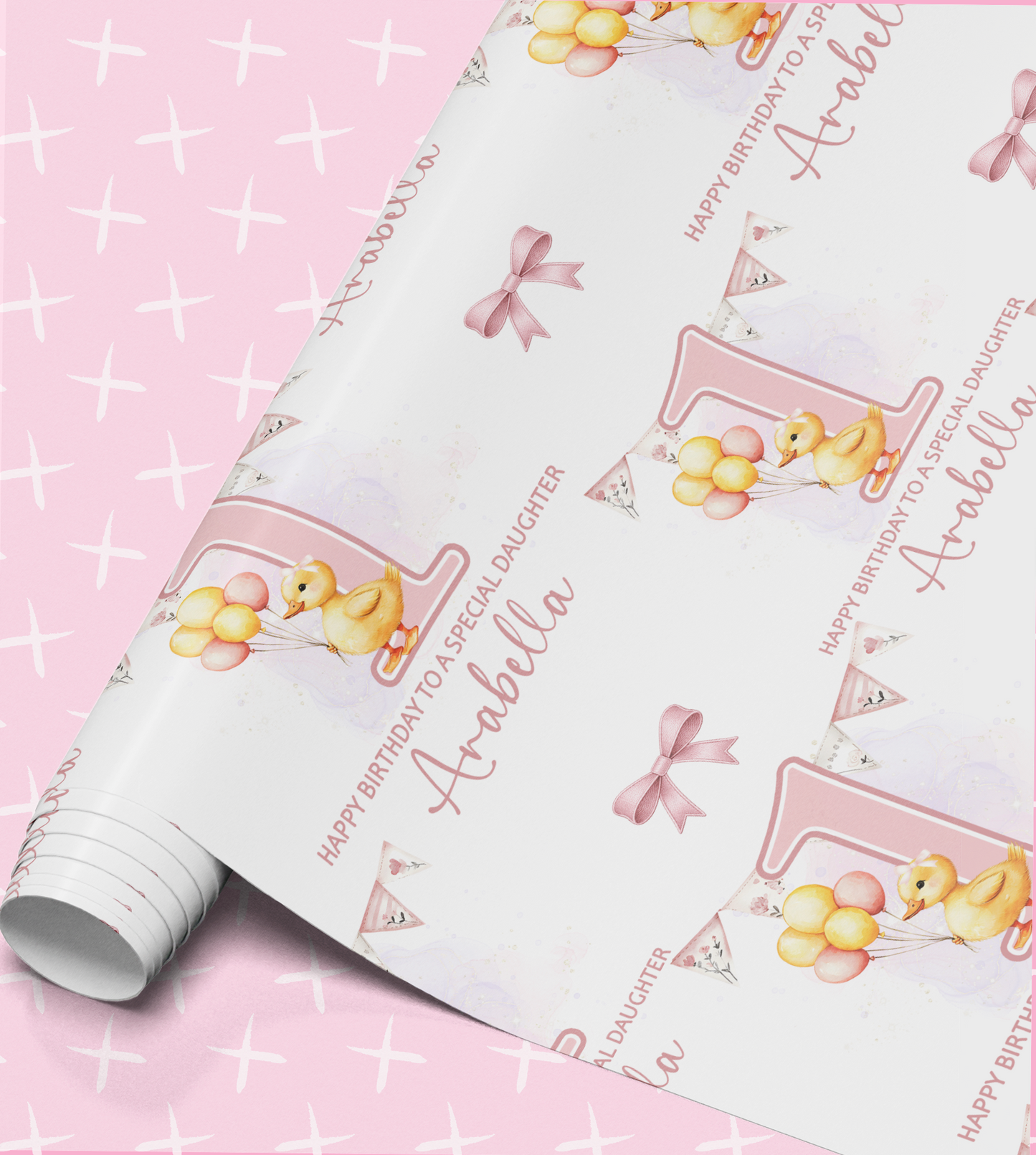a pink background with a repeating pattern of a yellow duck holding balloons and the text "Happy Birthday to a special daughter" written on it.