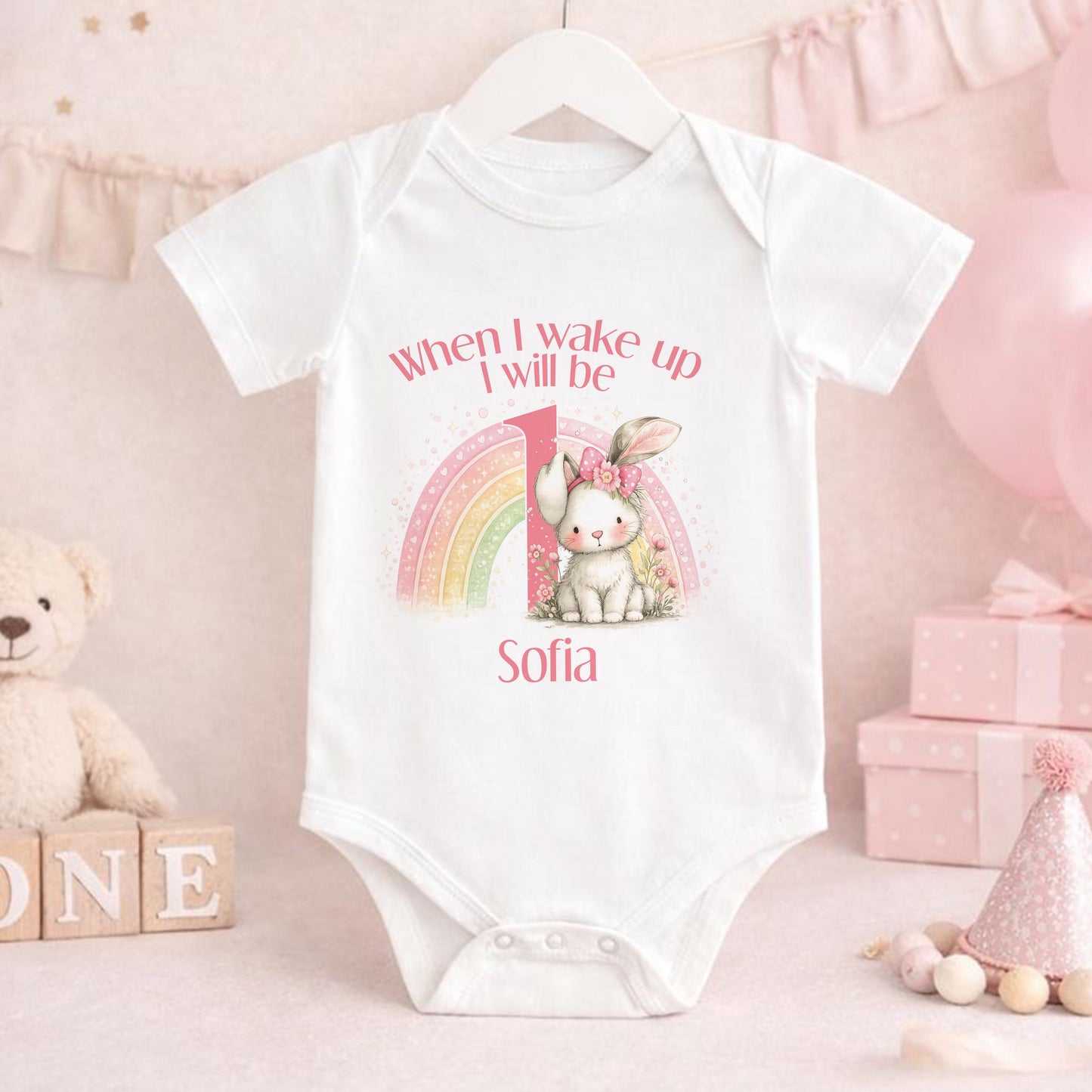 Girl 1st Birthday Outfit – Personalised Rainbow Bunny Shirt For Baby