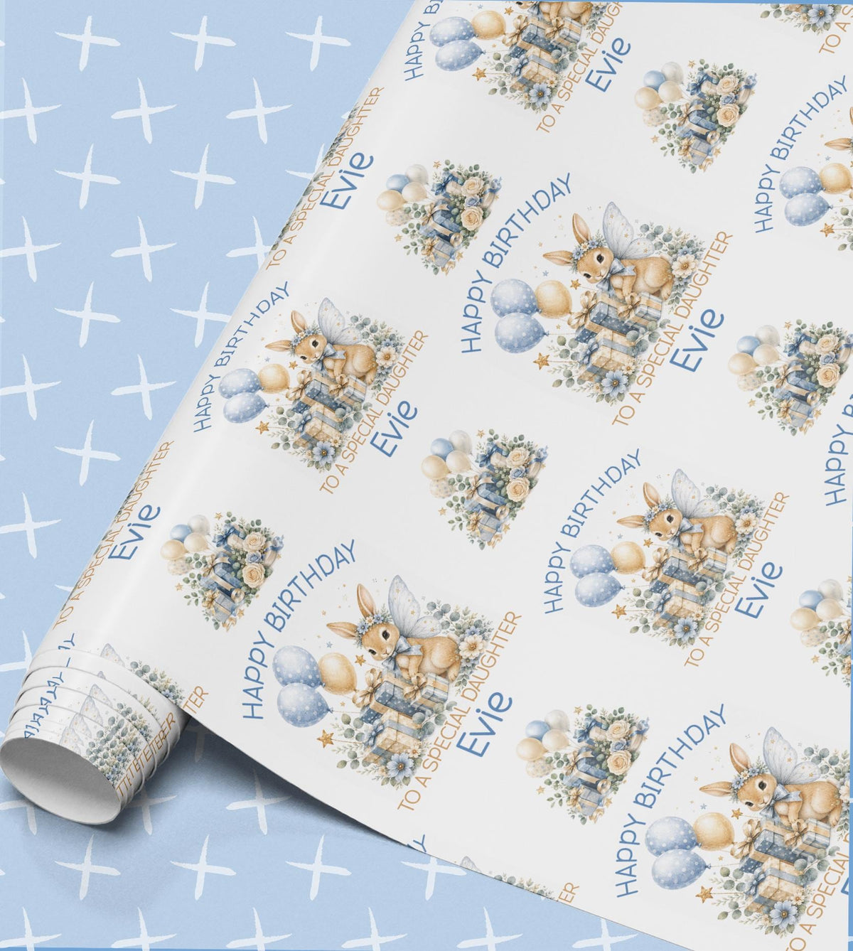Personalised birthday wrapping paper in soft blue and white with a fairy bunny, balloons and roses, Happy Birthday with a relation and name
