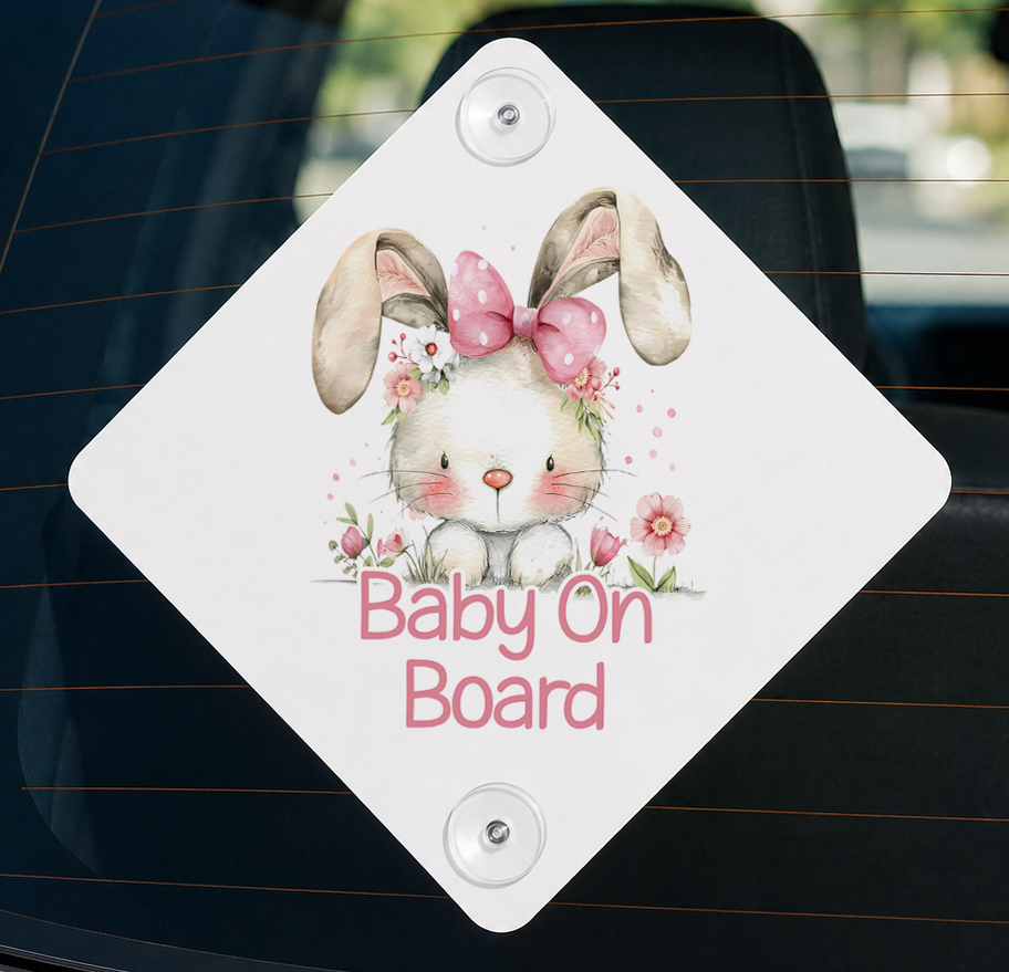 Aluminium baby on board car sign printed with a cute bunny design
