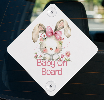 Aluminium baby on board car sign printed with a cute bunny design