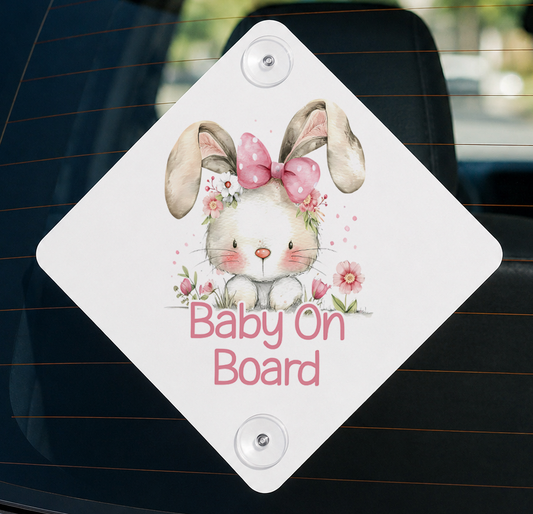 Aluminium baby on board car sign printed with a cute bunny design