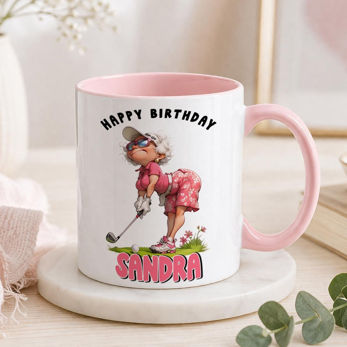 White ceramic mug printed with a funny golf lover birthday design, personalised with a name