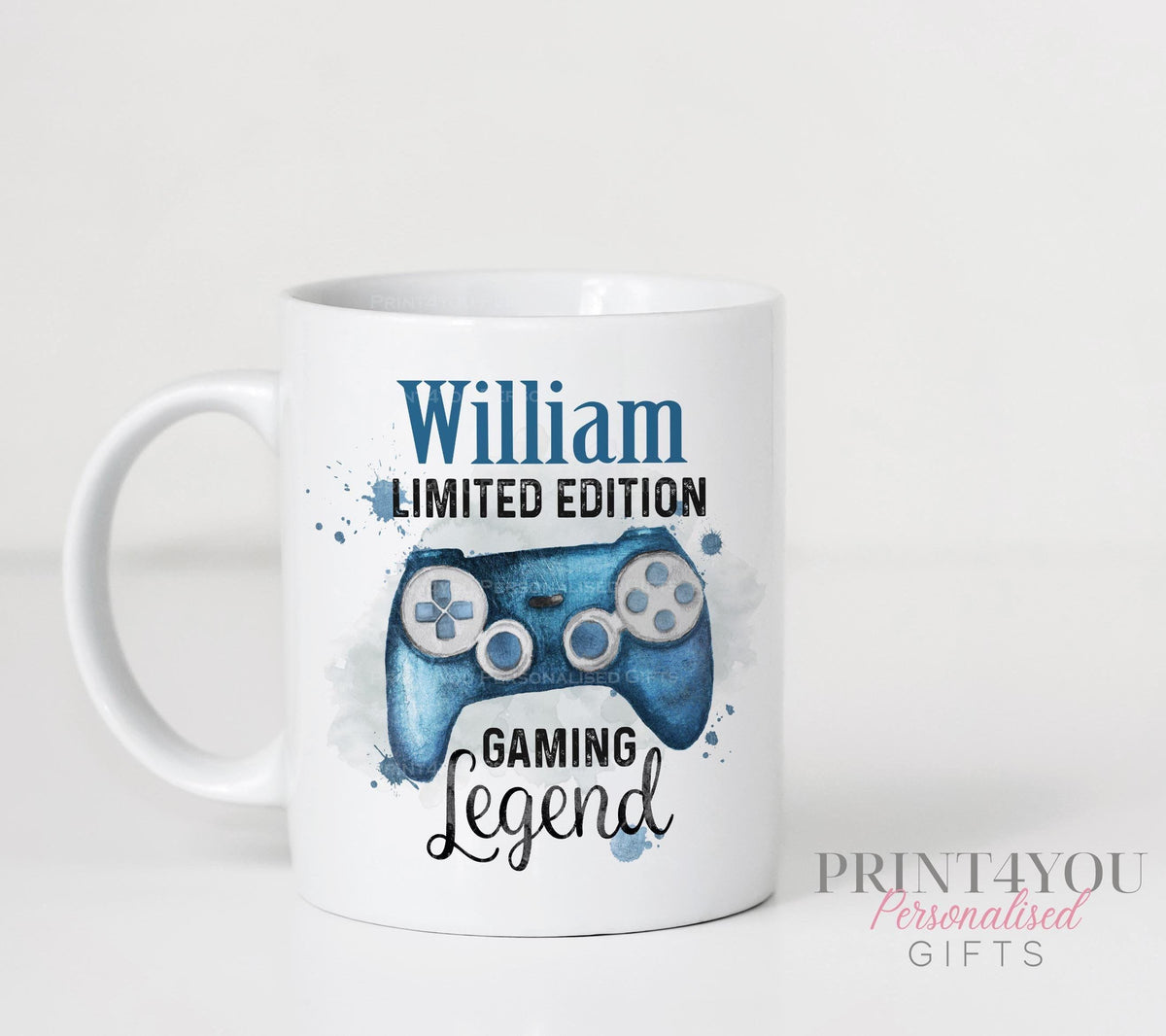 Personalised gaming mug shown with an alternative handle colour option