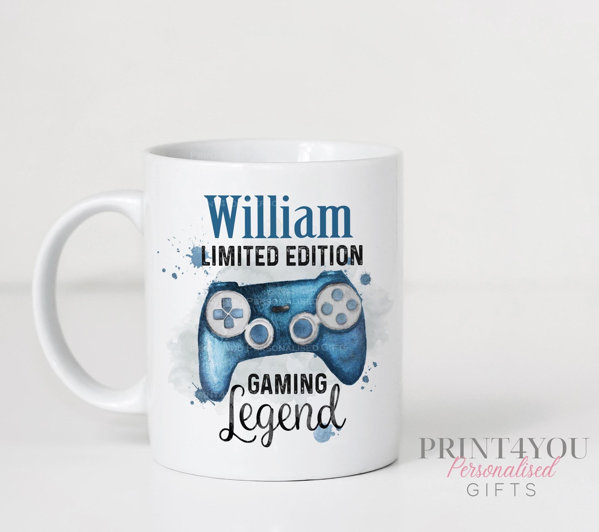 Personalised gaming mug shown with an alternative handle colour option