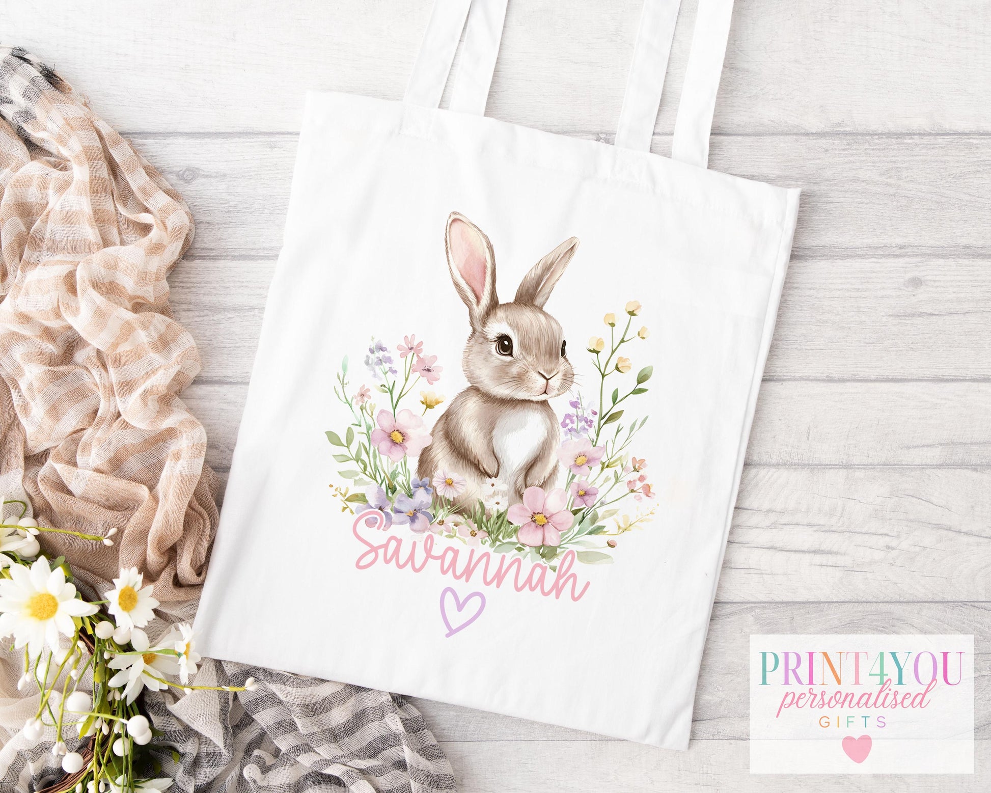 Personalised cotton tote bag with bunny and floral design and custom printed name