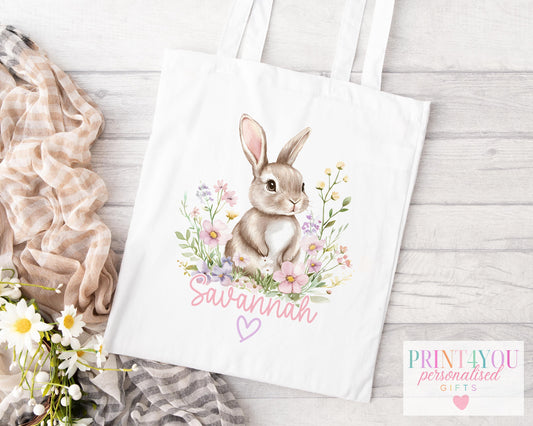 Personalised cotton tote bag with bunny and floral design and custom printed name