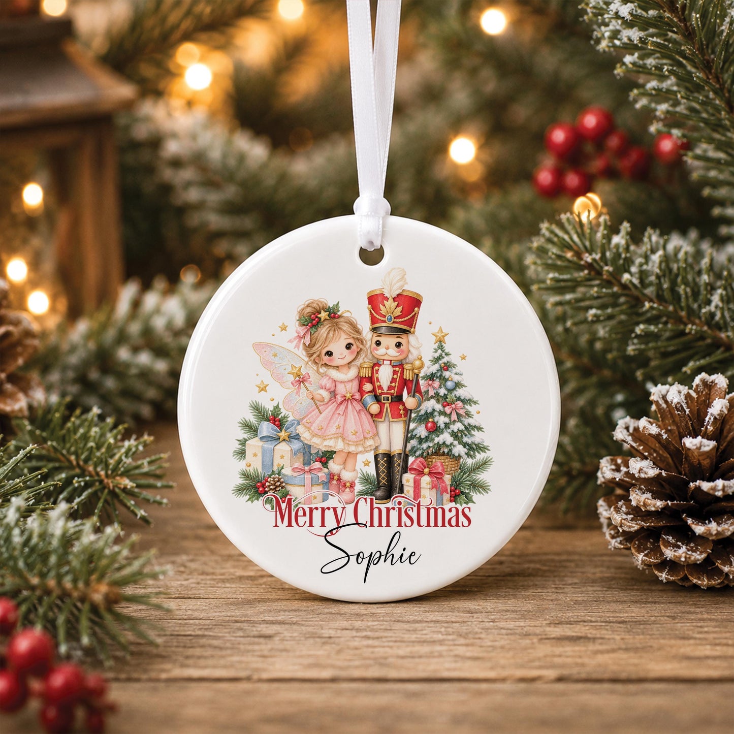 Personalised Nutcracker Christmas bauble, white ceramic ornament with a sugar plum fairy in a pink tutu beside a nutcracker soldier, printed with a name