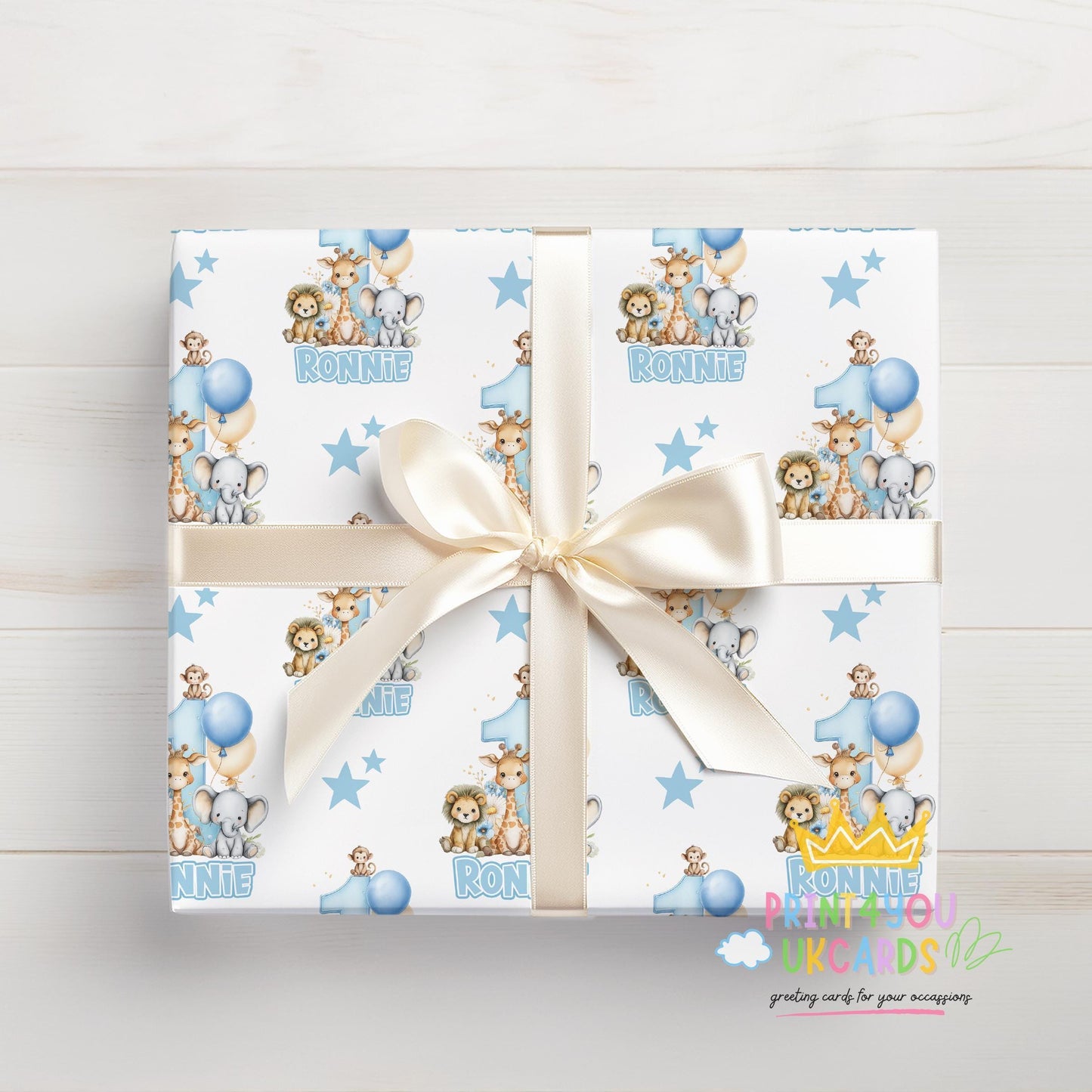 Blue Safari Wrapping Paper – Personalised First Birthday Gift Wrap With Pastel Dots & Balloons