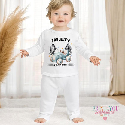 First Birthday Outfit – Personalised Baby Clothes | Racing Car Theme Vest & Bib