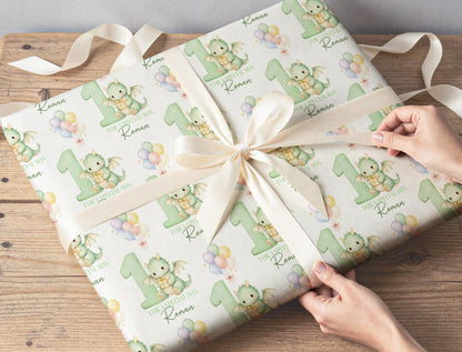 Personalised dragon wrapping paper rolled and shown against a plain background