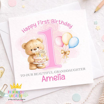 Square personalised 1st birthday greeting card, blank sample showing the pink teddy bear keepsake design.