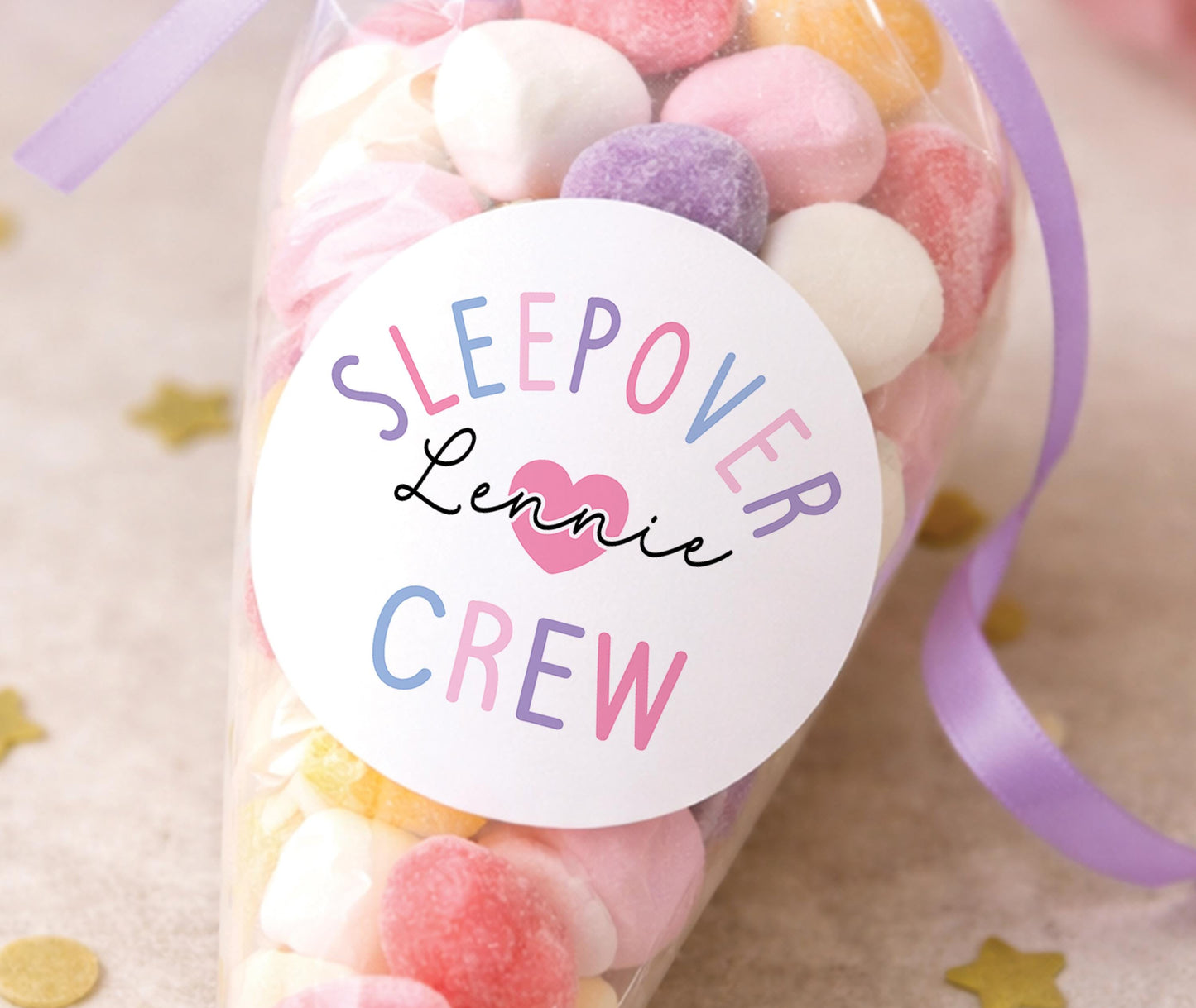 Sheet of personalised sleepover and pyjama party stickers for girls party bags