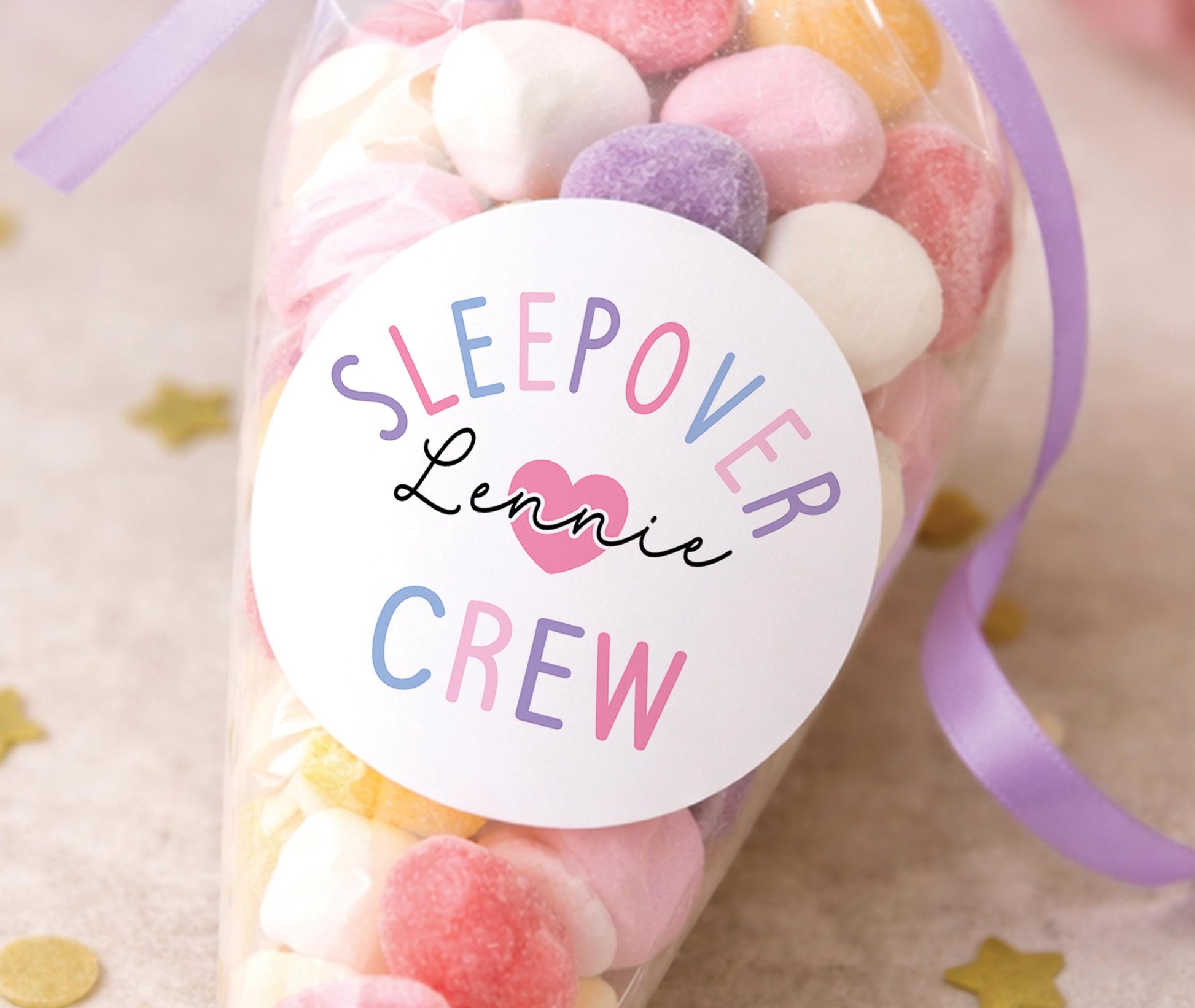 Sheet of personalised sleepover and pyjama party stickers for girls party bags