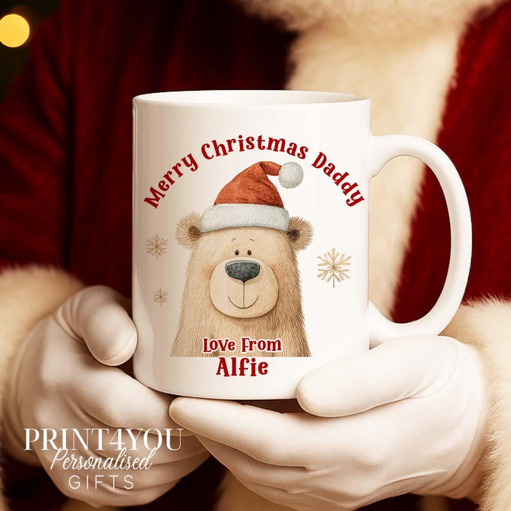 Personalised Christmas Mug - Bear in Santa Hat, Gift From Child
