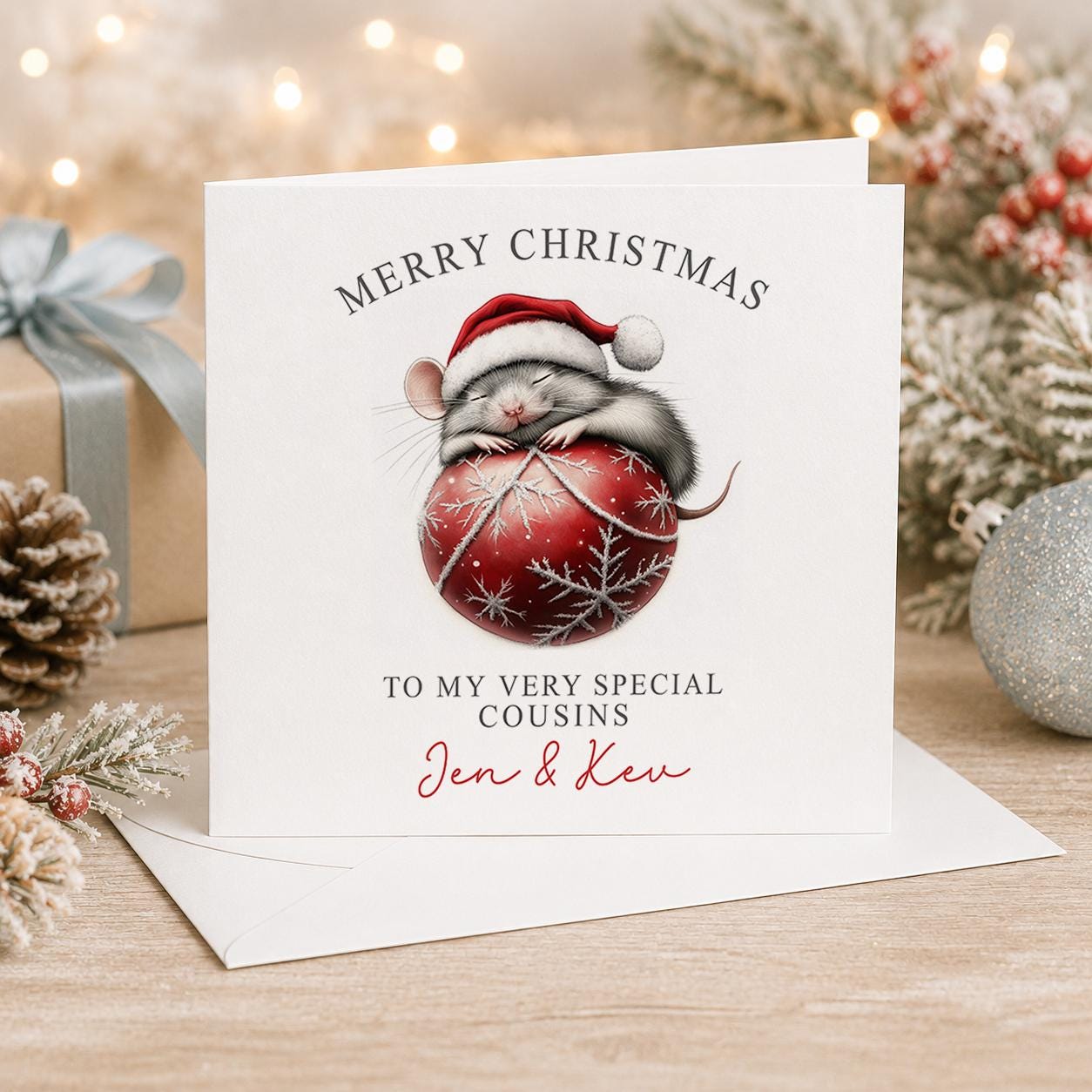 Personalised Christmas card, white 6x6 inch square card printed with a mouse in a Santa hat on a red bauble, Merry Christmas and names