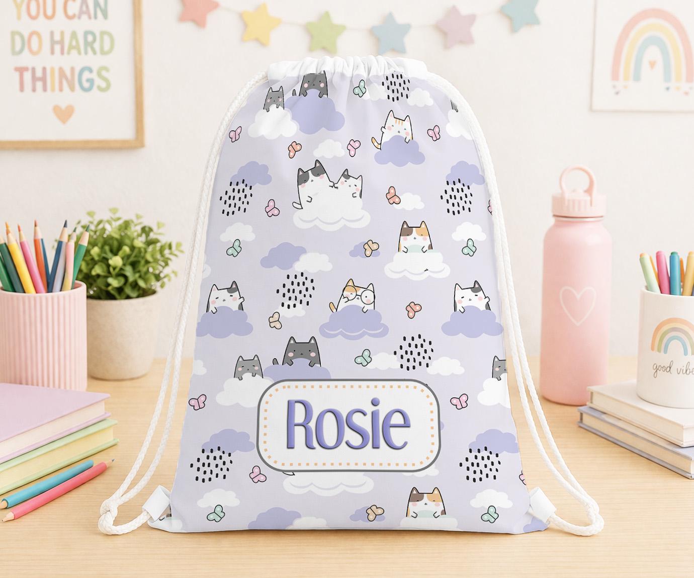 Personalised purple kawaii cat drawstring PE bag printed with a custom name on the front