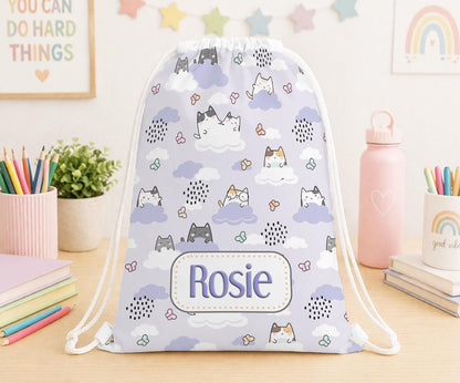 Personalised purple kawaii cat drawstring PE bag printed with a custom name on the front