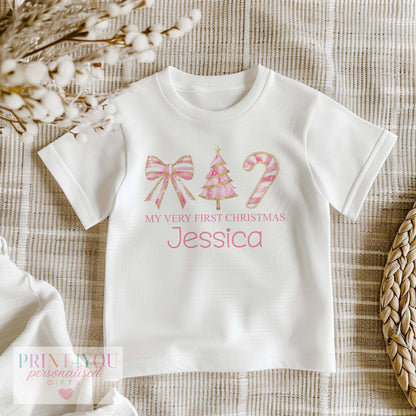 Personalised My First Christmas Baby Vest – Pink &amp; Gold Bow &amp; Candy Cane Design, Custom Name