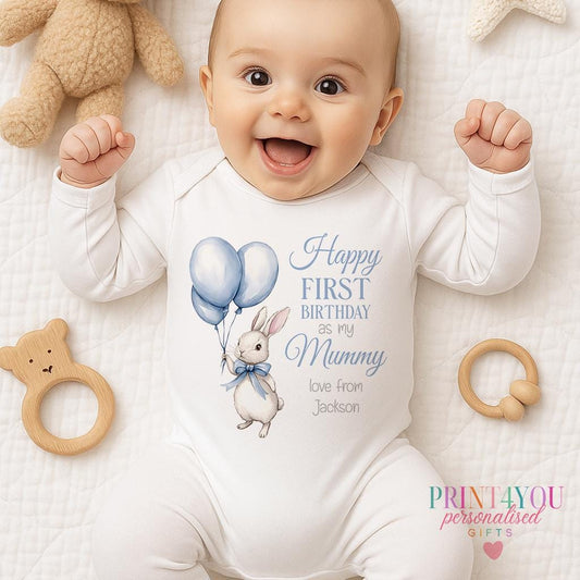 Personalised blue bunny 1st birthday bib, customised with a name and your choice of family relation - Mummy, Daddy, Nanny and more.