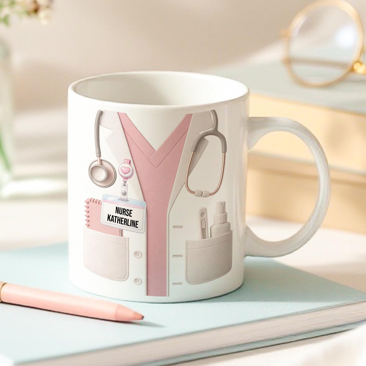 Ceramic mug printed with a nurse illustration wearing pink scrubs