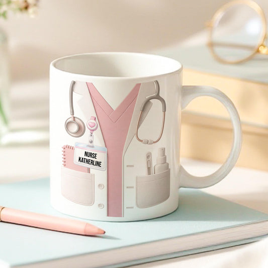 Ceramic mug printed with a nurse illustration wearing pink scrubs
