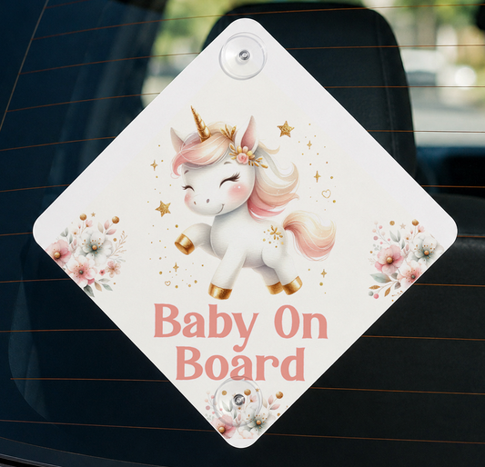 Diamond-shaped baby on board car sign featuring a floral unicorn illustration