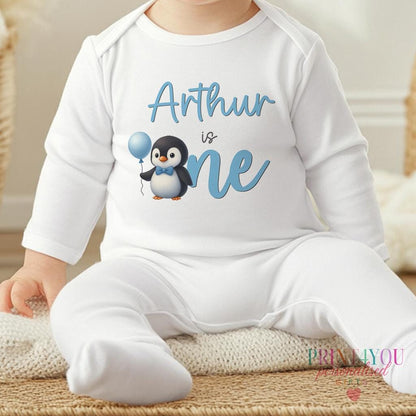 Close-up of the personalised blue penguin design print with custom name