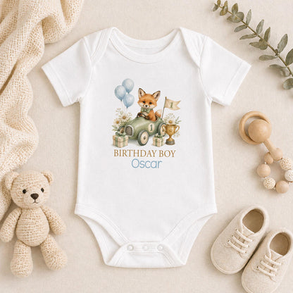 Personalised Fox Race Car 1st Birthday Outfit, Cake Smash
