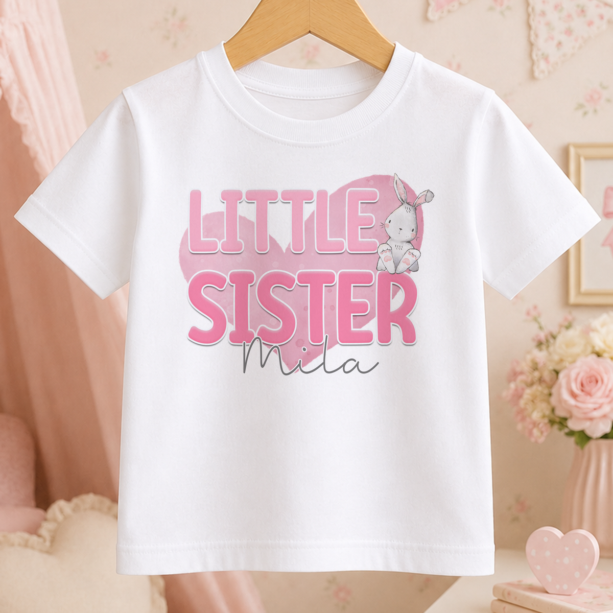 A white t-shirt with the text "LITTLE SISTER Mila" printed on it, along with a small cartoon rabbit.