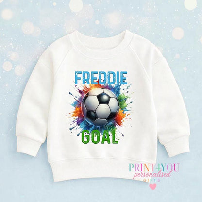 White cotton children's sweatshirt printed with a colourful splash football design and personalised name, laid flat.