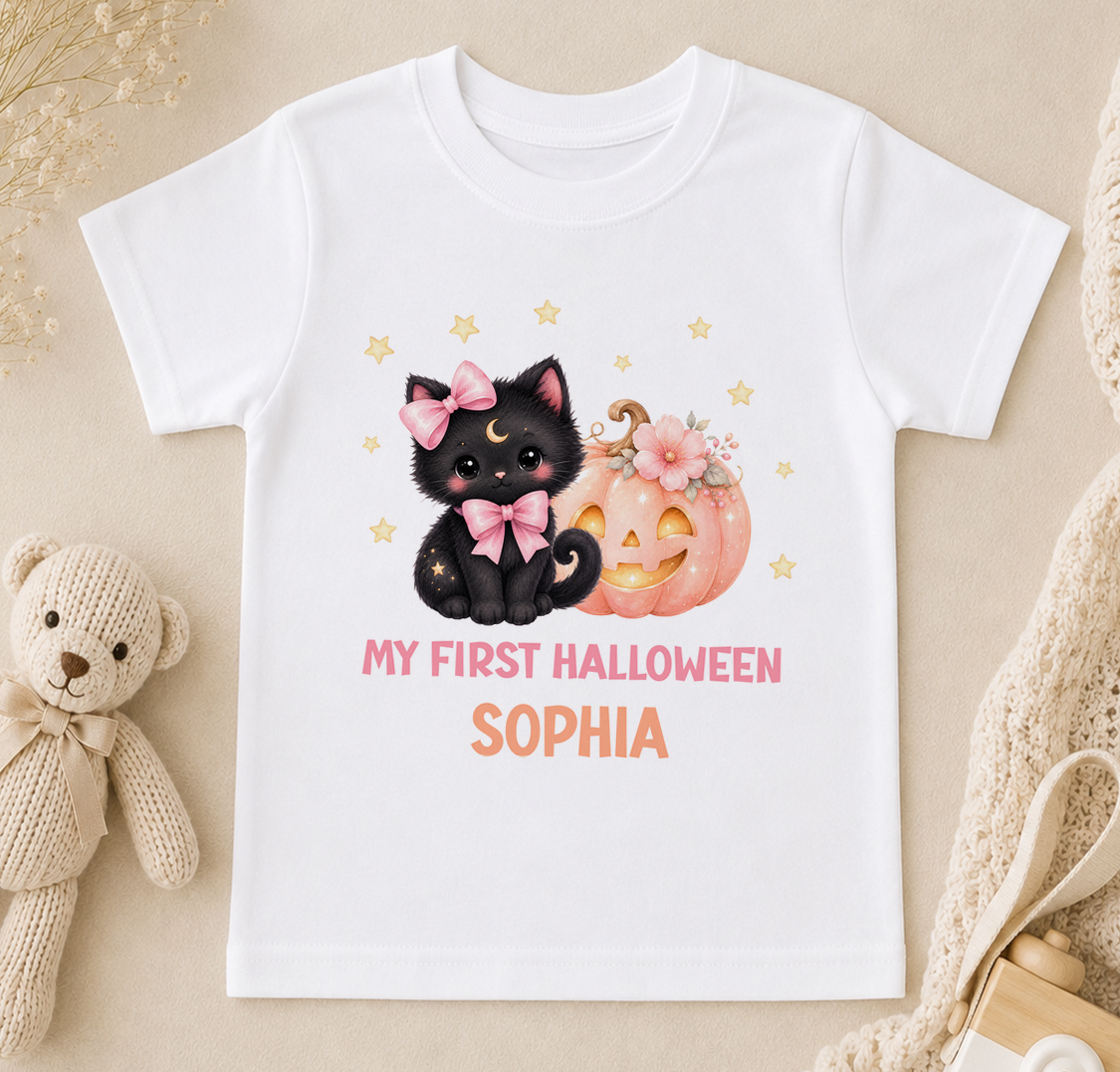 A white t-shirt with a Halloween-themed graphic design featuring a black cat with a bow, a pumpkin, and stars. The text on the t-shirt says "My first Halloween Sophia".