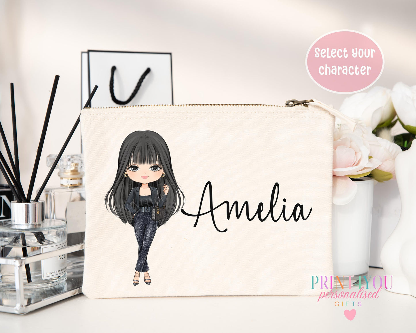 Off-white canvas makeup bag with a metal zip, printed with illustrated character design 5 and a personalised name